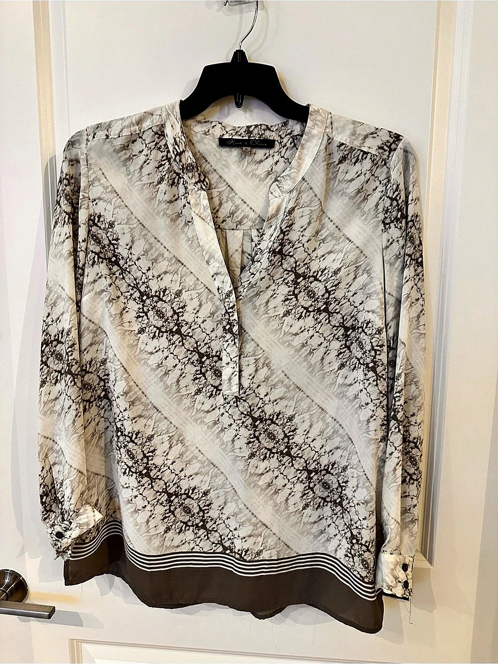 Rose & Olive Abstract Print Blouse White & Brown XL